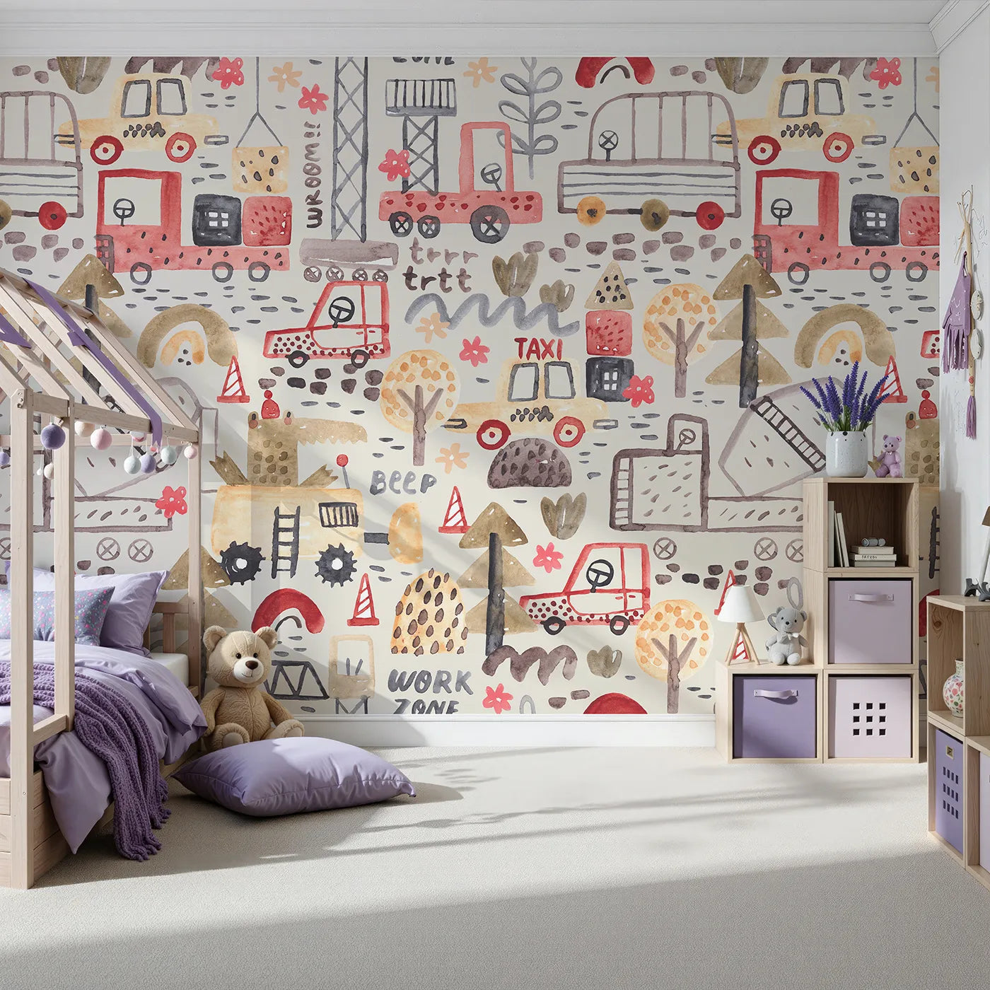 Front view of Whimsy Tots' Watercolor Work Zone Wall Mural