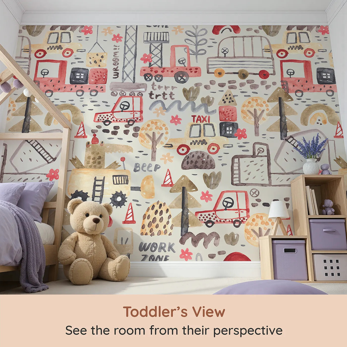 Whimsy Tots Watercolor Work Zone Wall Mural (Turn Their Room into the Cutest Construction Site) from your child's view.Best for Boys