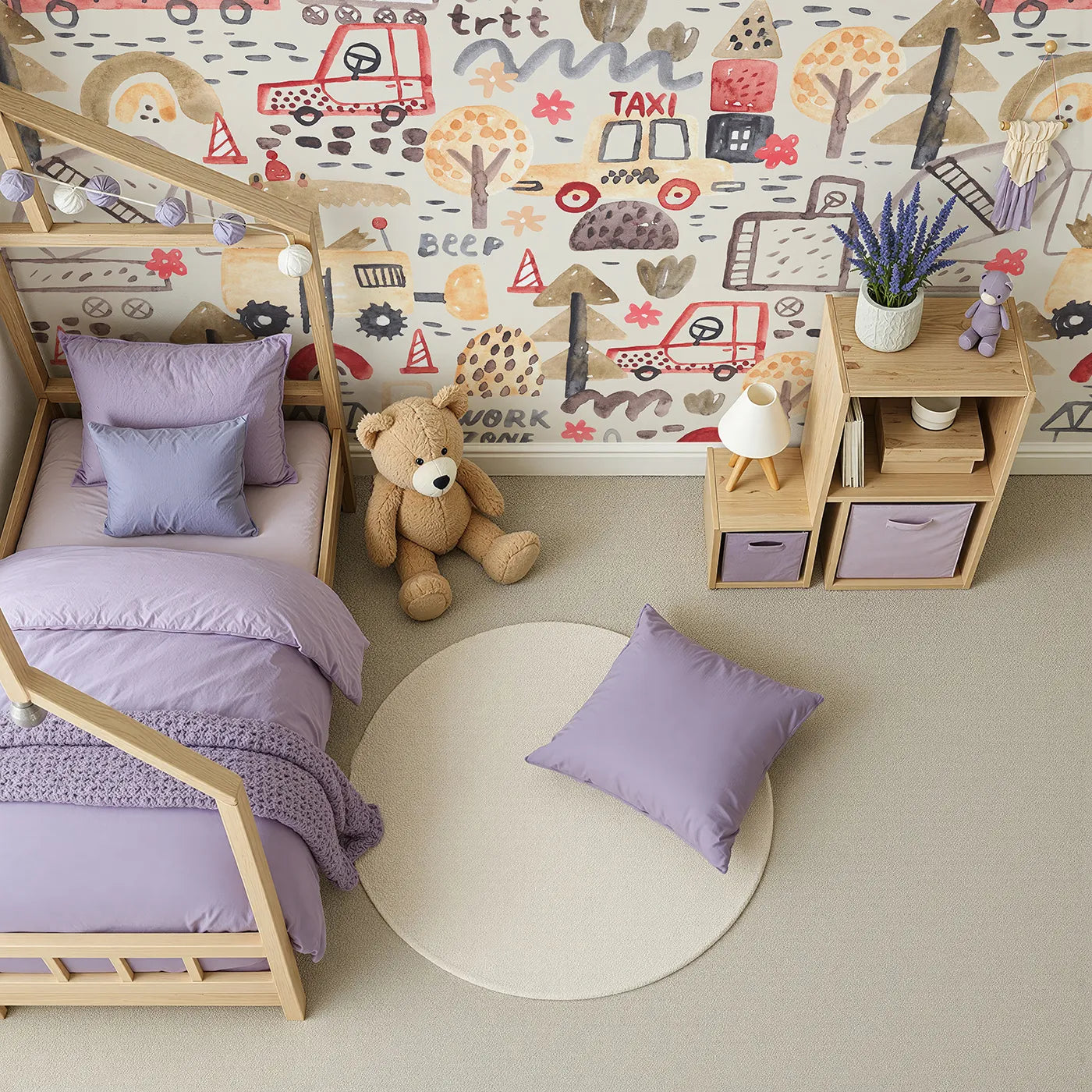 Top-down view of Whimsy Tots' Watercolor Work Zone Wall Mural (Turn Their Room into the Cutest Construction Site).Best for Boys