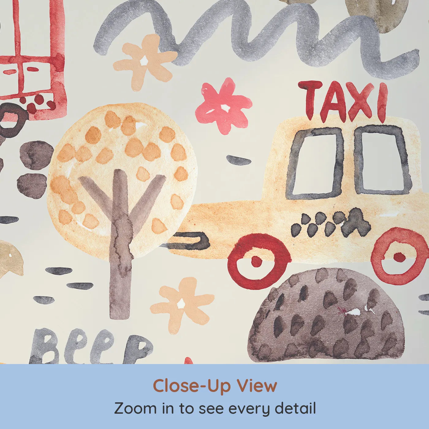 Close-up view of Whimsy Tots' Watercolor Work Zone Wall Mural (Turn Their Room into the Cutest Construction Site).Best for Boys