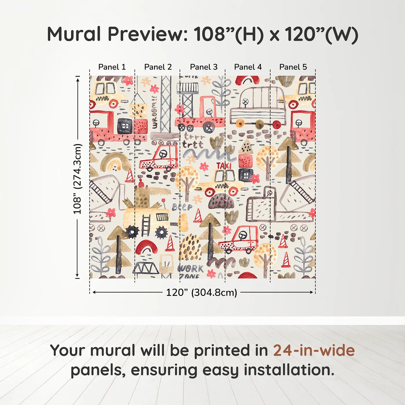 Whimsy Tots Watercolor Work Zone Wall Muraldimension view (108" H x 120" W). Printed in five 24-inch-wide panels. Best for Boys