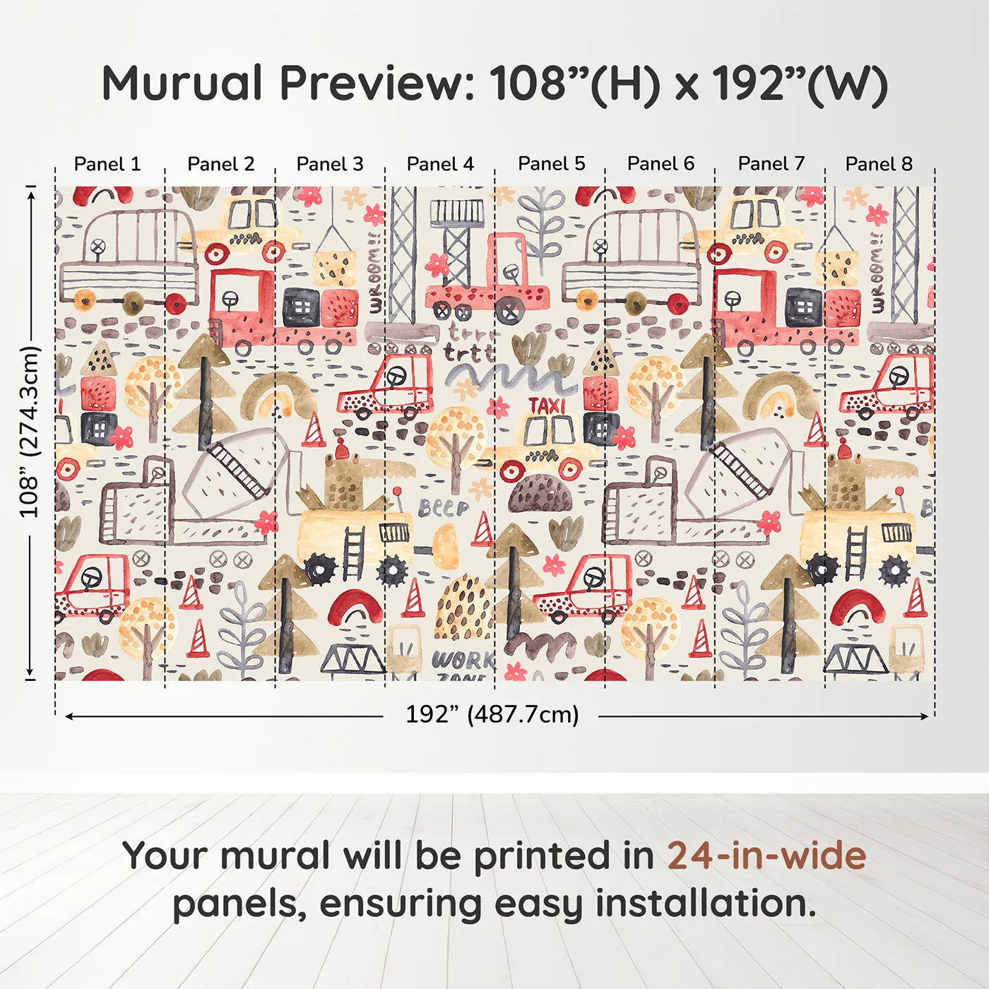 Whimsy Tots Watercolor Work Zone Wall Muraldimension view (108" H x 192" W). Printed in eight 24-inch-wide panels. Best for Boys