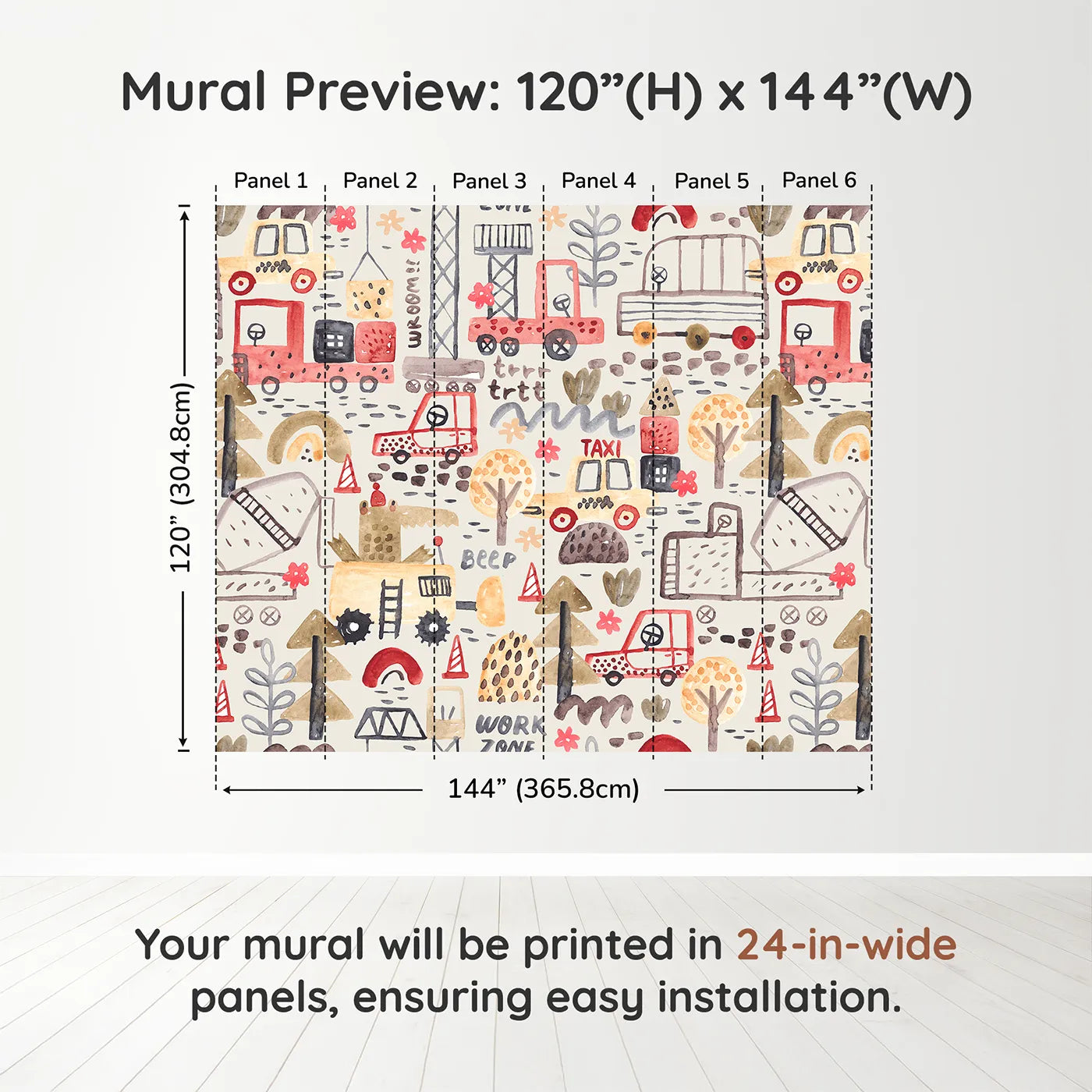 Whimsy Tots Watercolor Work Zone Wall Muraldimension view (120" H x 144" W). Printed in six 24-inch-wide panels. Best for Boys