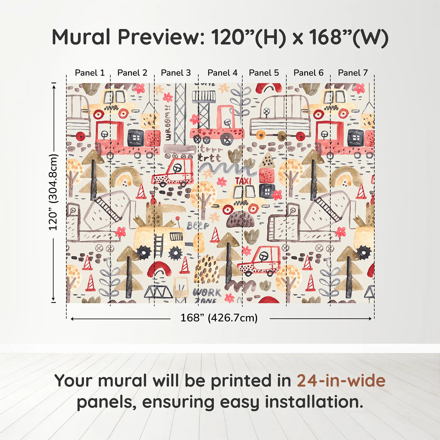 Whimsy Tots Watercolor Work Zone Wall Muraldimension view (120" H x 168" W). Printed in seven 24-inch-wide panels. Best for Boys