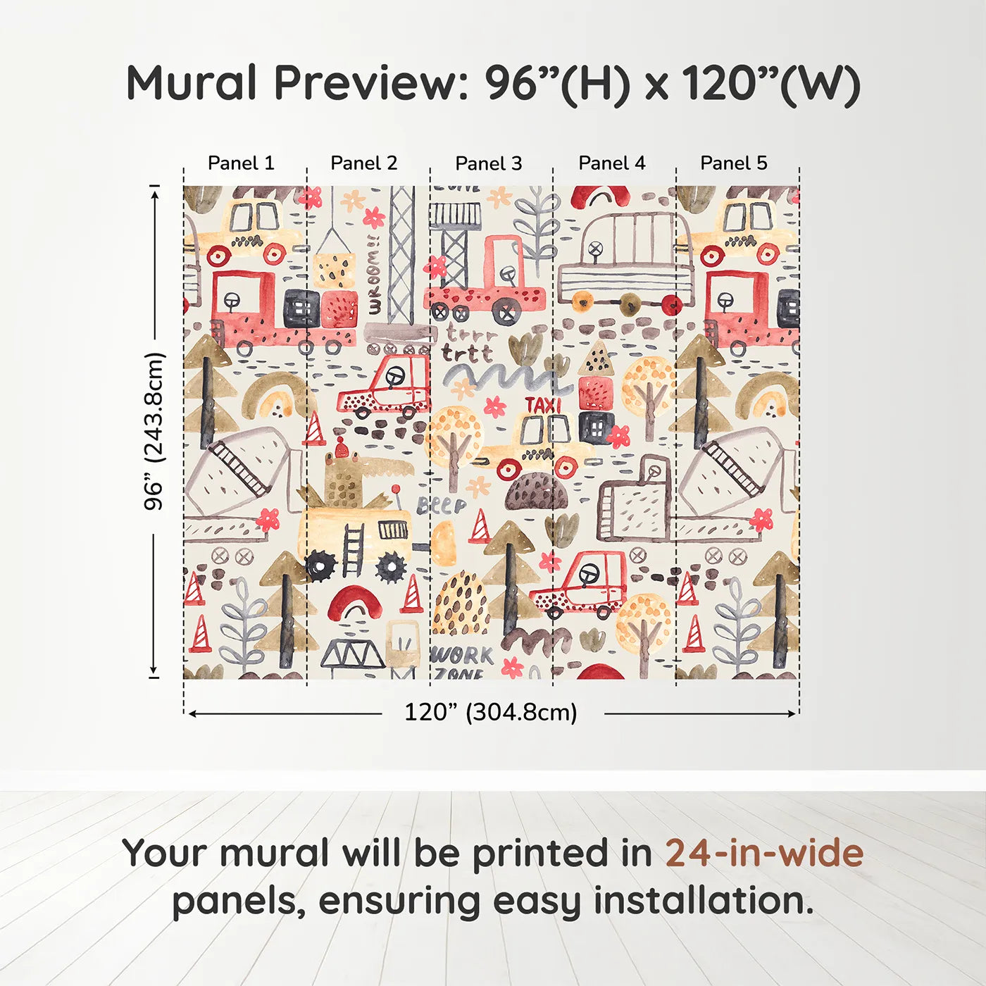 Whimsy Tots Watercolor Work Zone Wall Muraldimension view (96" H x 120" W). Printed in five 24-inch-wide panels. Best for Boys