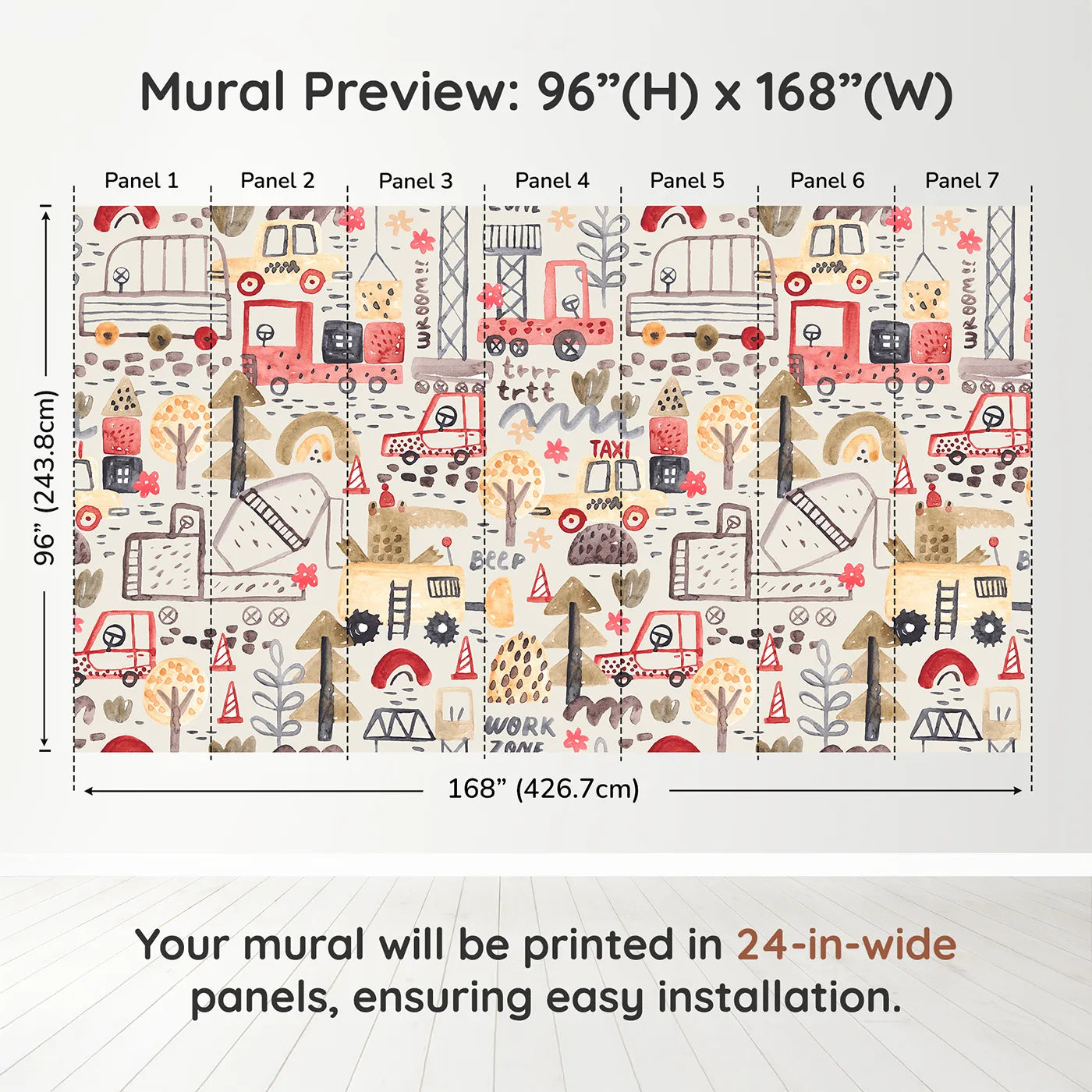 Whimsy Tots Watercolor Work Zone Wall Muraldimension view (96" H x 168" W). Printed in seven 24-inch-wide panels. Best for Boys