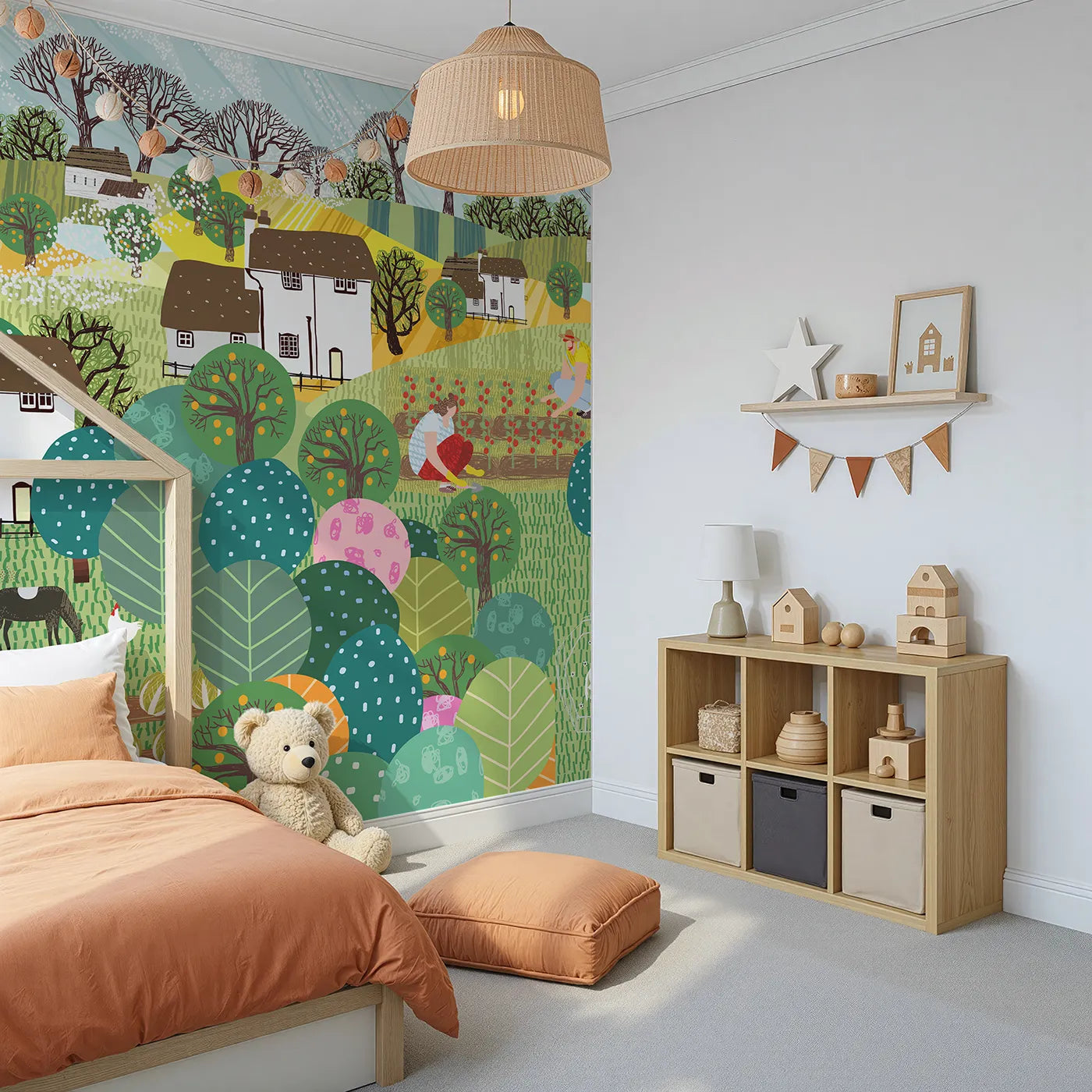 Angled view of Whimsy Tots' Folksy Farm Life Wall Mural (Turn Their Room into a Vibrant, Happy Farmstead).Gender-Neutral