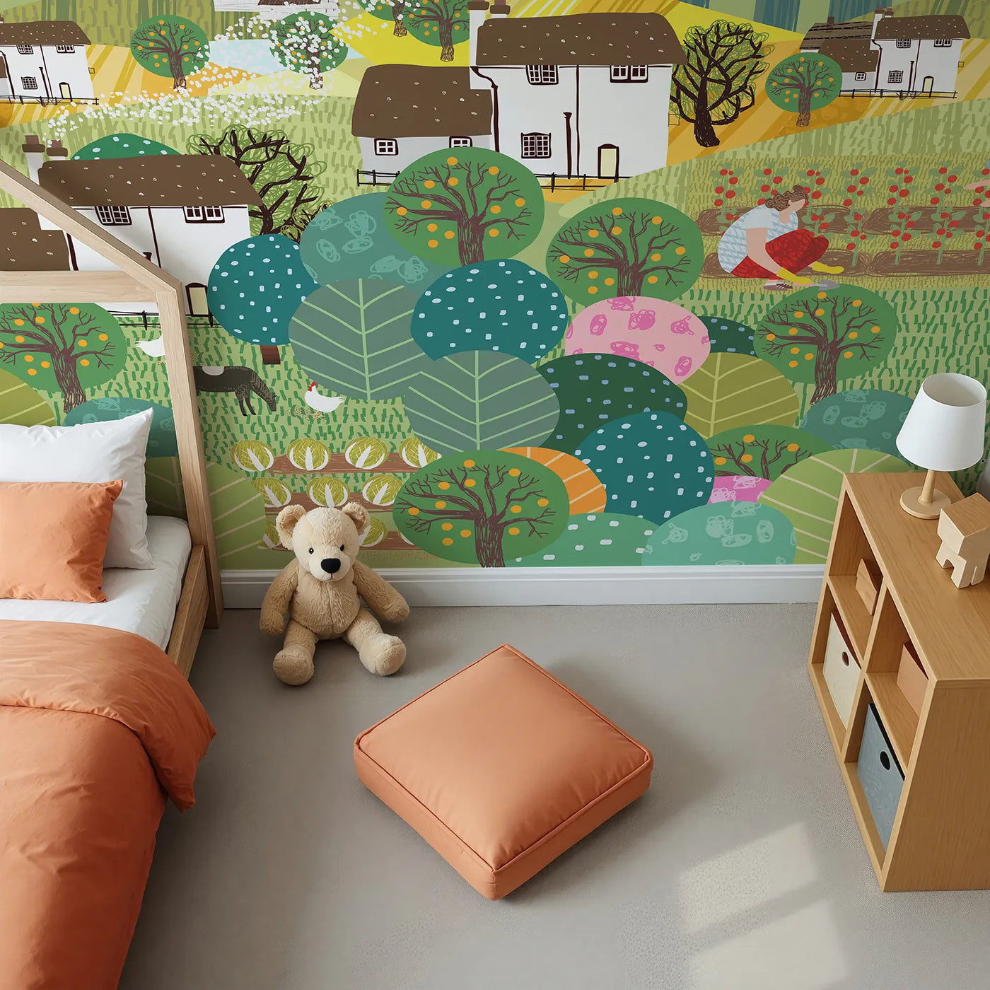 Top-down view of Whimsy Tots' Folksy Farm Life Wall Mural (Turn Their Room into a Vibrant, Happy Farmstead).Gender-Neutral