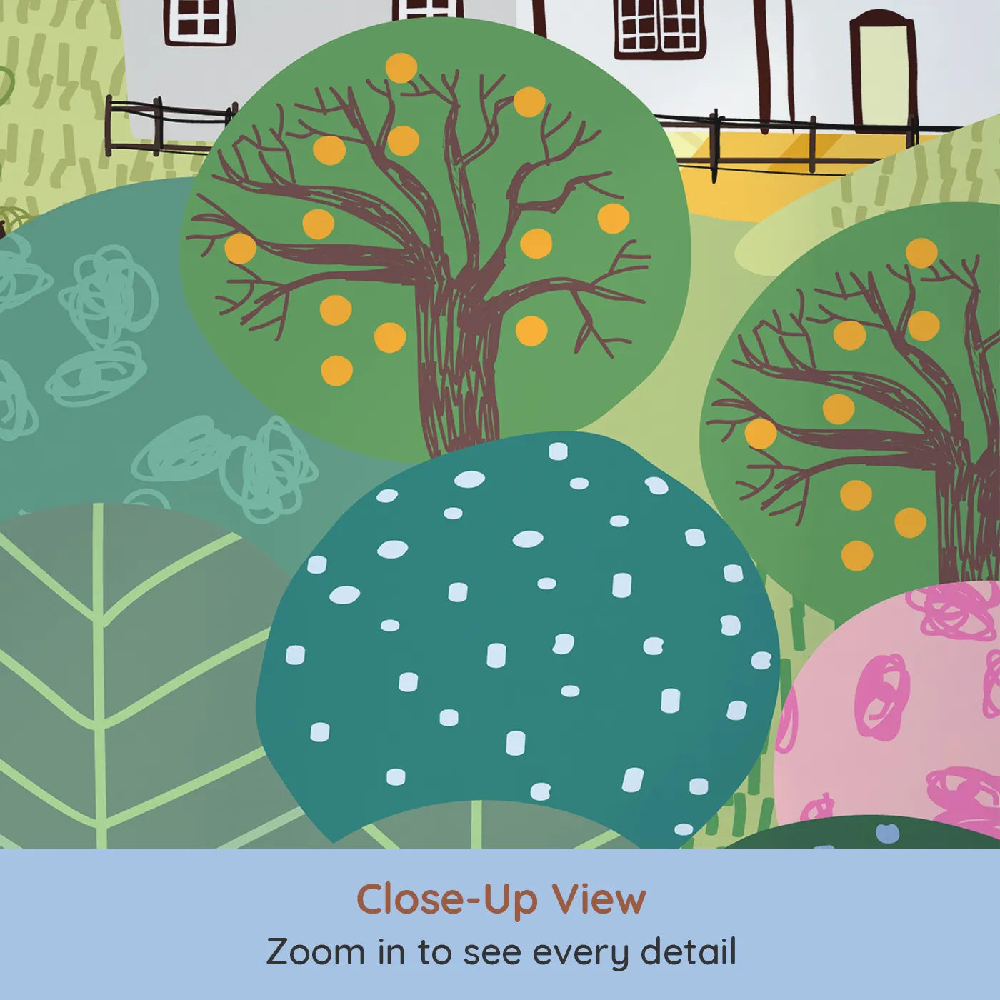 Close-up view of Whimsy Tots' Folksy Farm Life Wall Mural (Turn Their Room into a Vibrant, Happy Farmstead).Gender-Neutral