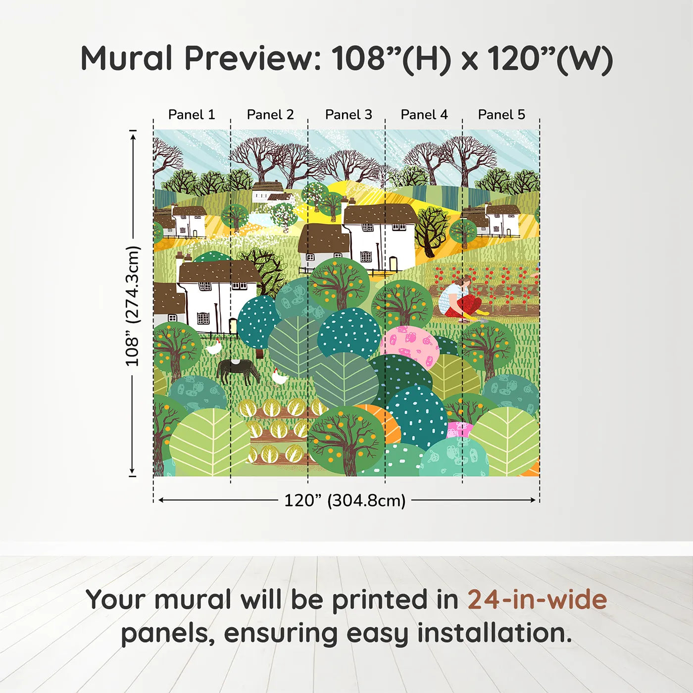 Whimsy Tots Folksy Farm Life Wall Muraldimension view (108" H x 120" W). Printed in five 24-inch-wide panels. Gender-Neutral