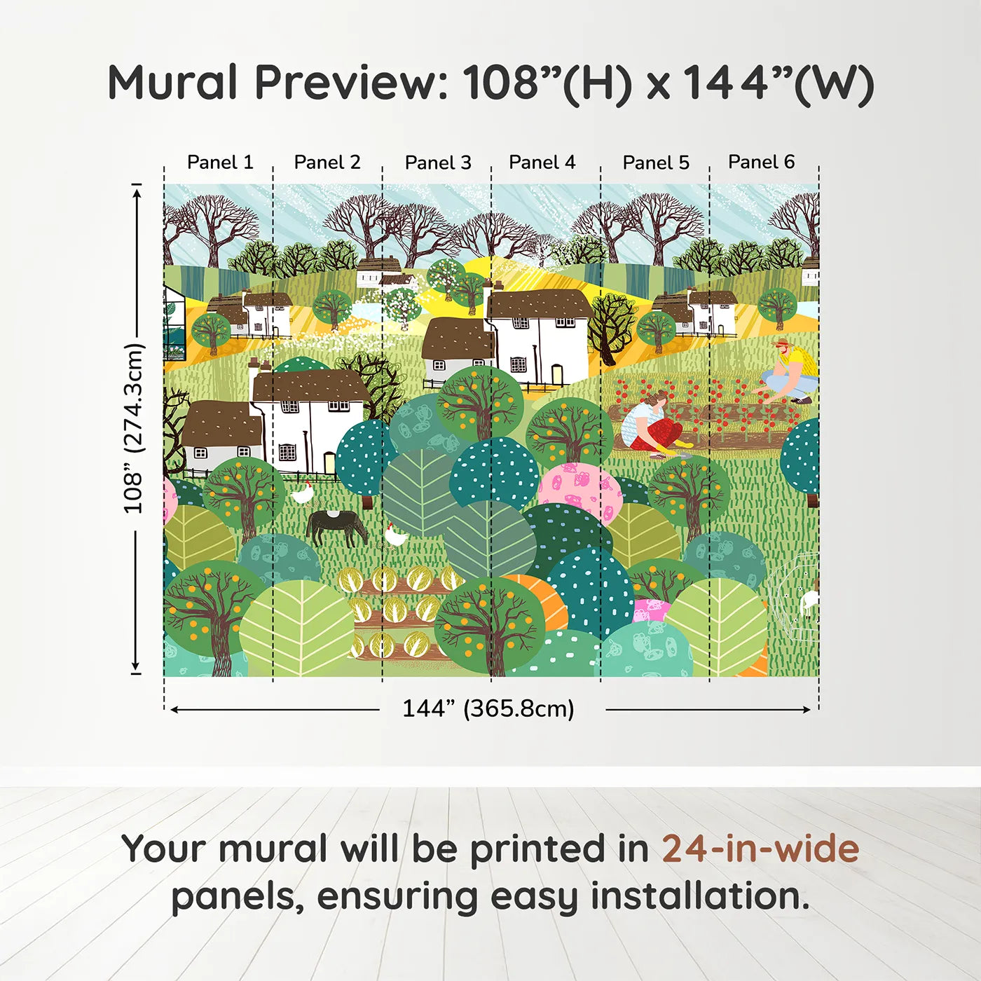 Whimsy Tots Folksy Farm Life Wall Muraldimension view (108" H x 144" W). Printed in six 24-inch-wide panels. Gender-Neutral
