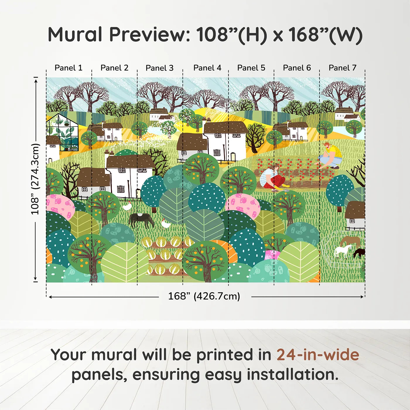 Whimsy Tots Folksy Farm Life Wall Muraldimension view (108" H x 168" W). Printed in seven 24-inch-wide panels. Gender-Neutral