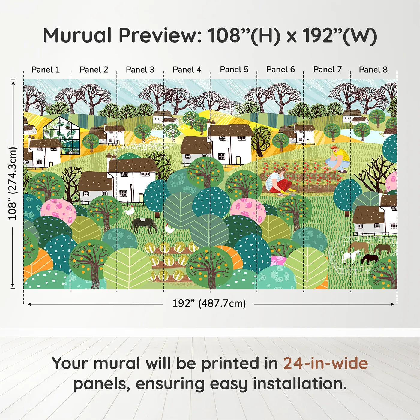 Whimsy Tots Folksy Farm Life Wall Muraldimension view (108" H x 192" W). Printed in eight 24-inch-wide panels. Gender-Neutral