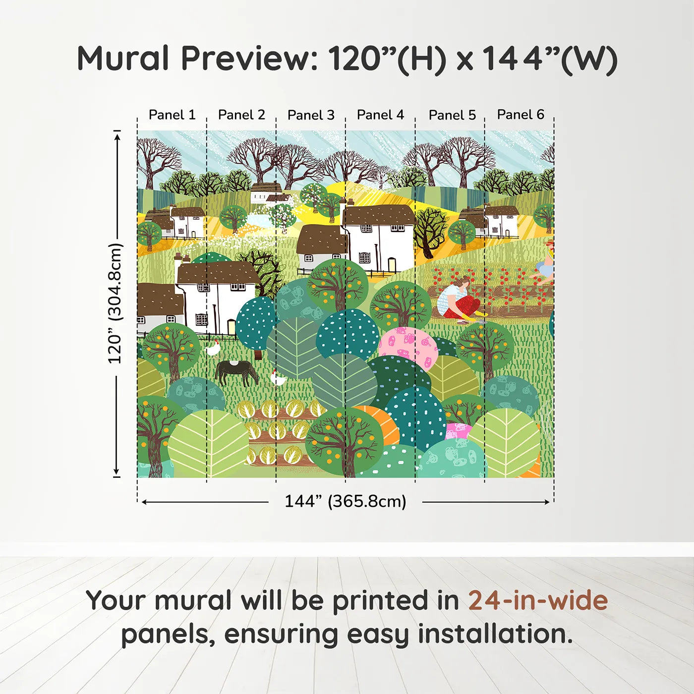 Whimsy Tots Folksy Farm Life Wall Muraldimension view (120" H x 144" W). Printed in six 24-inch-wide panels. Gender-Neutral