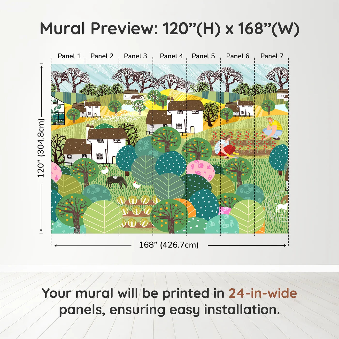 Whimsy Tots Folksy Farm Life Wall Muraldimension view (120" H x 168" W). Printed in seven 24-inch-wide panels. Gender-Neutral