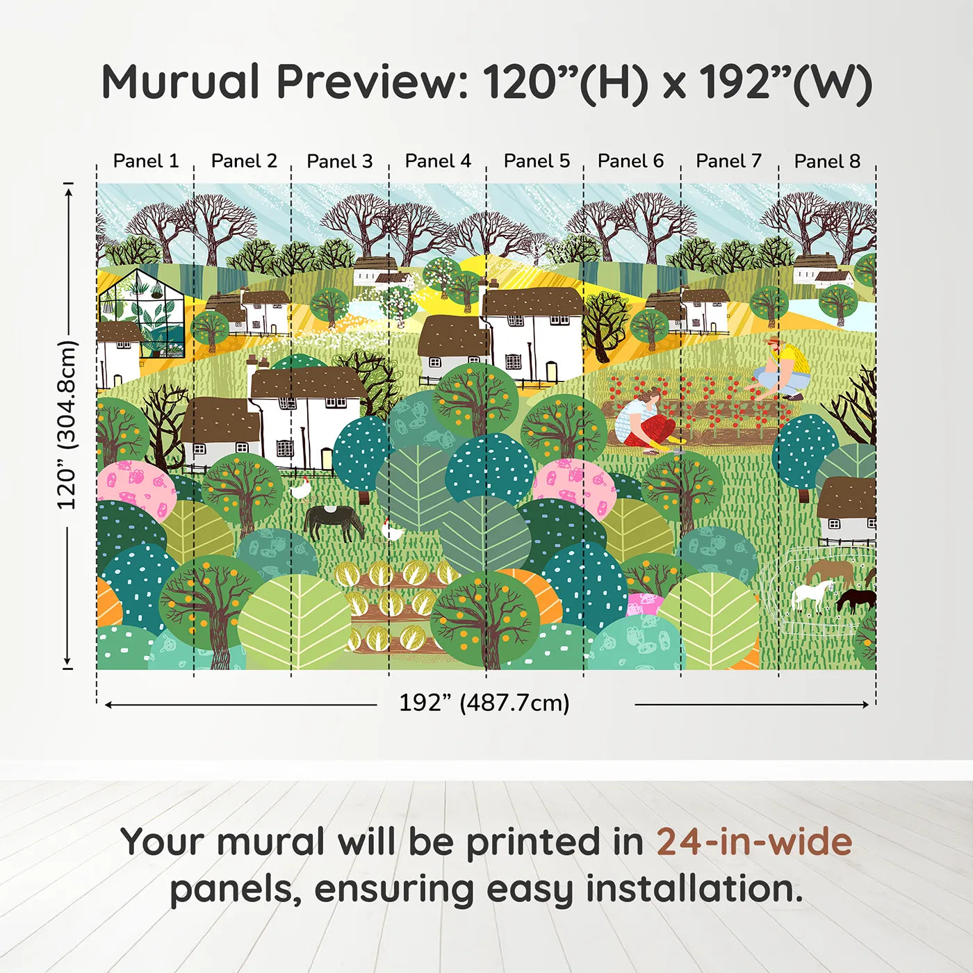 Whimsy Tots Folksy Farm Life Wall Muraldimension view (120" H x 192" W). Printed in eight 24-inch-wide panels. Gender-Neutral