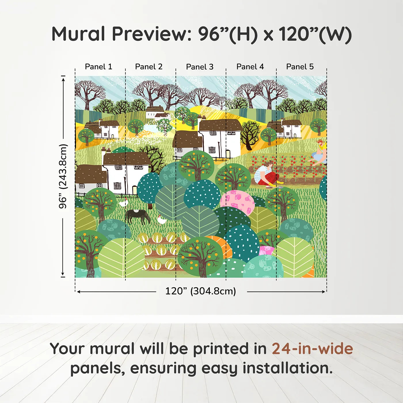 Whimsy Tots Folksy Farm Life Wall Muraldimension view (96" H x 120" W). Printed in five 24-inch-wide panels. Gender-Neutral