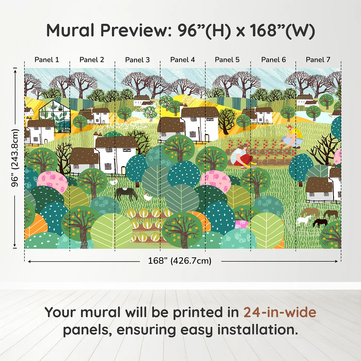 Whimsy Tots Folksy Farm Life Wall Muraldimension view (96" H x 168" W). Printed in seven 24-inch-wide panels. Gender-Neutral