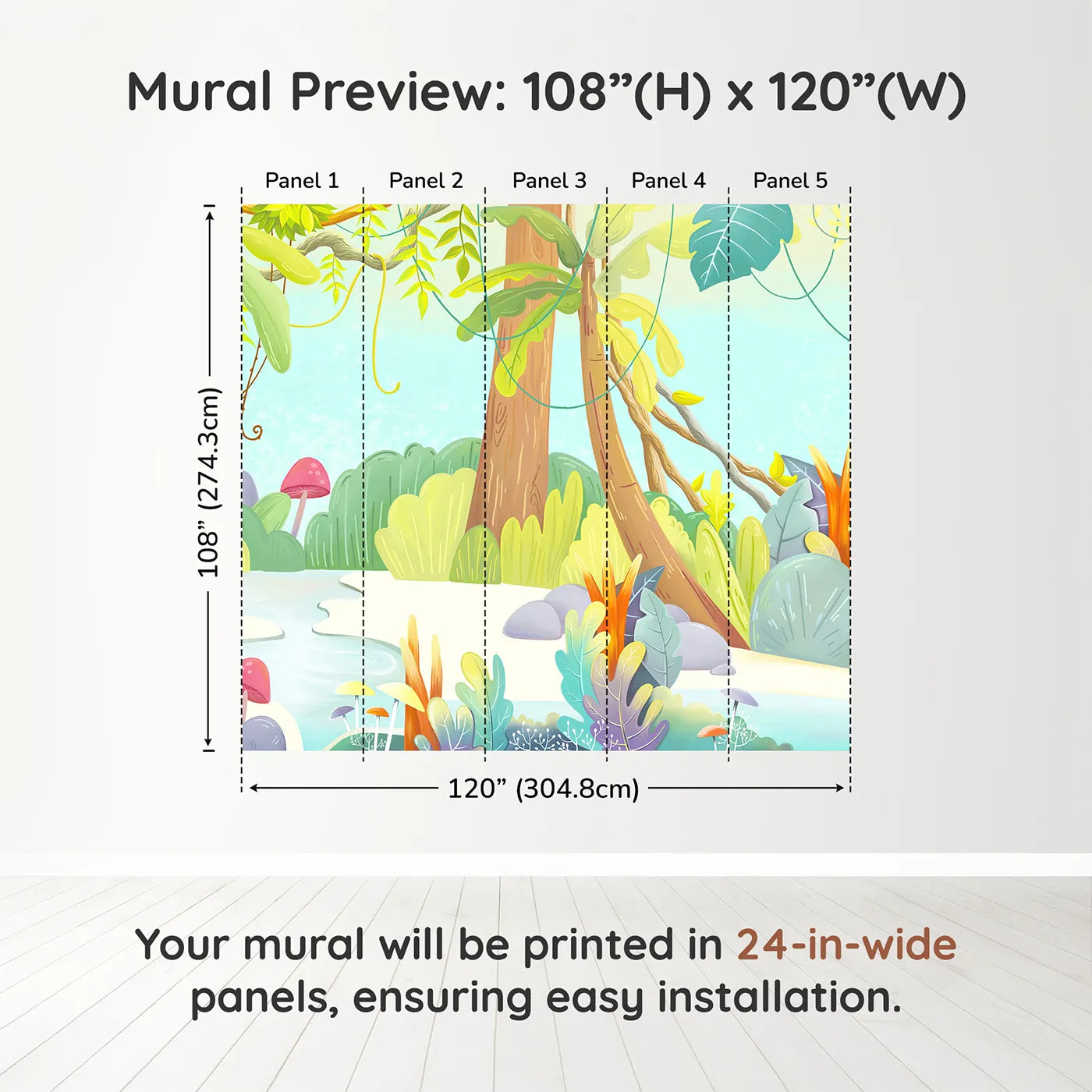 Whimsy Tots Cartoon Jungle Oasis Wall Muraldimension view (108" H x 120" W). Printed in five 24-inch-wide panels. Gender-Neutral