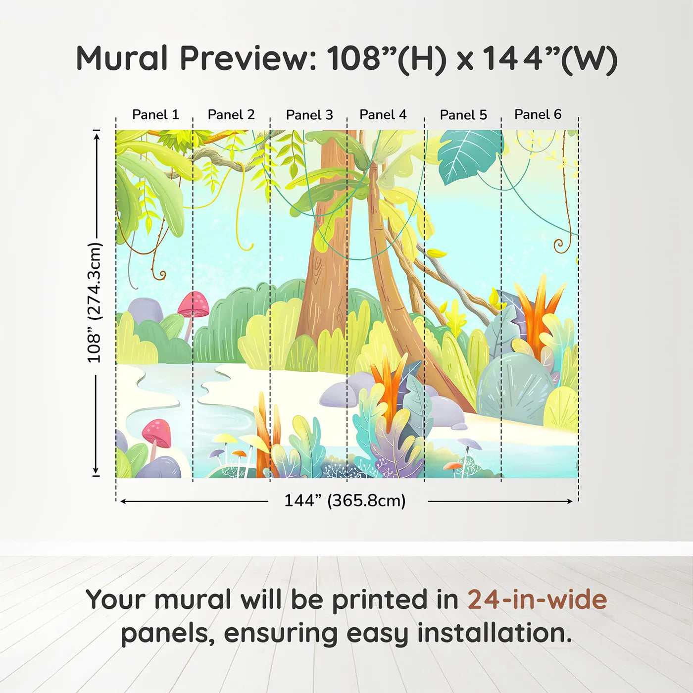Whimsy Tots Cartoon Jungle Oasis Wall Muraldimension view (108" H x 144" W). Printed in six 24-inch-wide panels. Gender-Neutral
