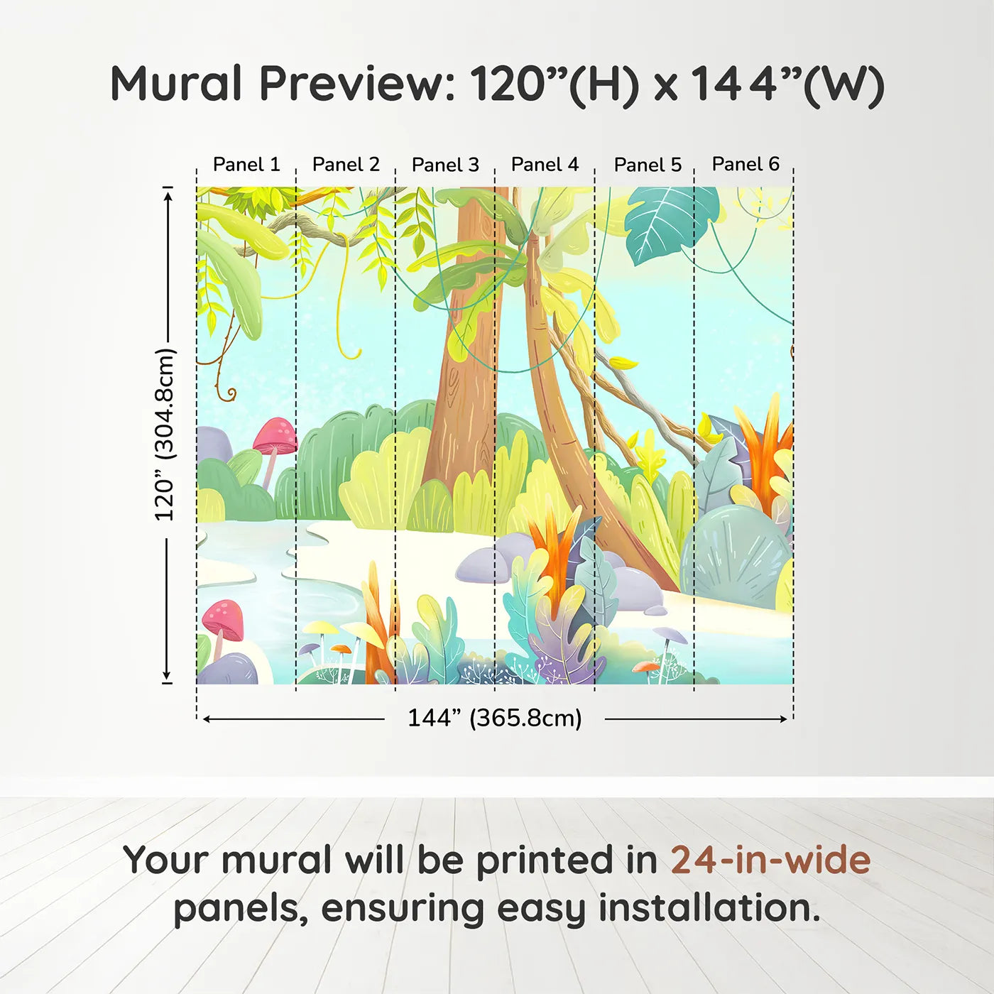 Whimsy Tots Cartoon Jungle Oasis Wall Muraldimension view (120" H x 144" W). Printed in six 24-inch-wide panels. Gender-Neutral