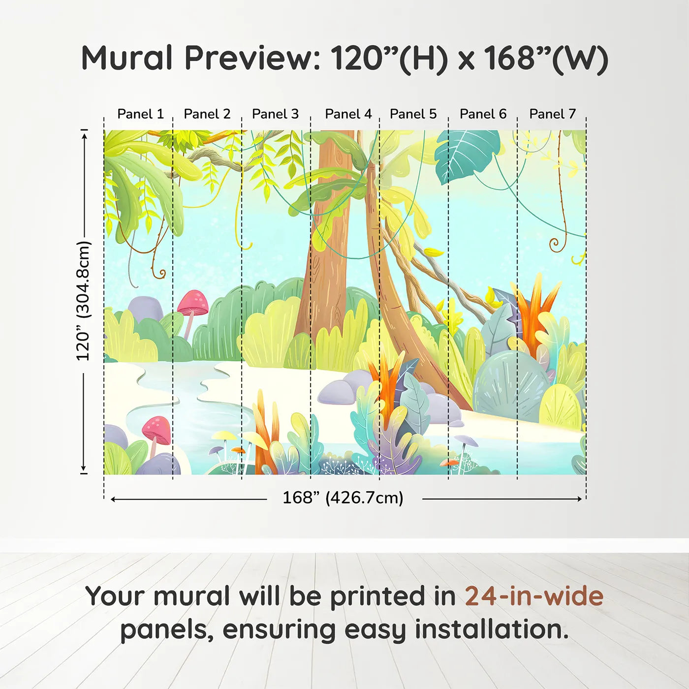 Whimsy Tots Cartoon Jungle Oasis Wall Muraldimension view (120" H x 168" W). Printed in seven 24-inch-wide panels. Gender-Neutral