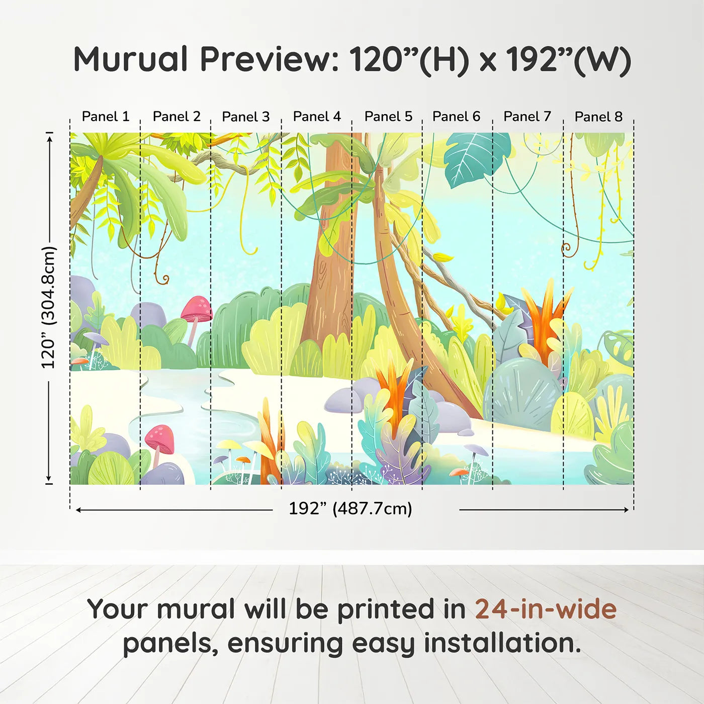 Whimsy Tots Cartoon Jungle Oasis Wall Muraldimension view (120" H x 192" W). Printed in eight 24-inch-wide panels. Gender-Neutral