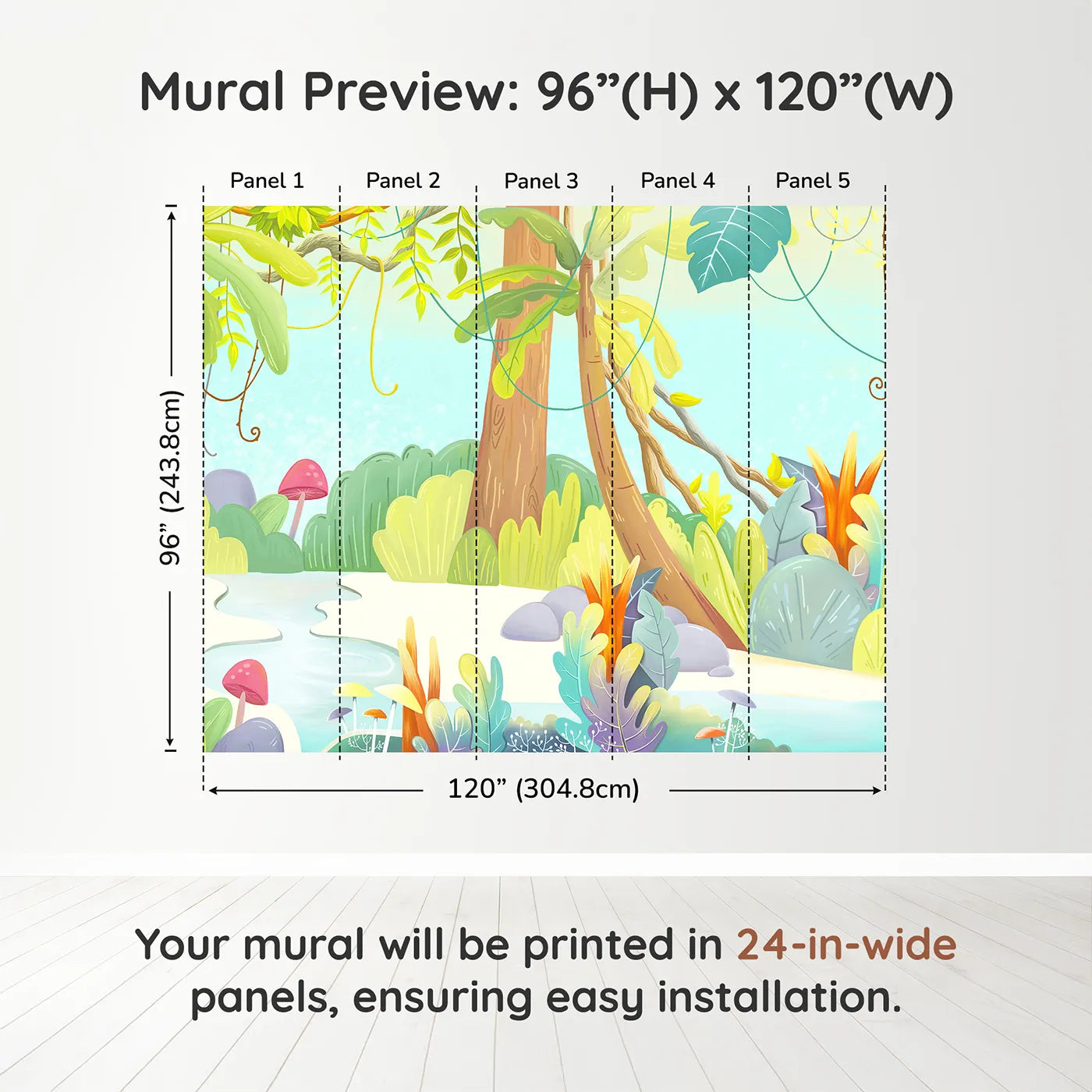 Whimsy Tots Cartoon Jungle Oasis Wall Muraldimension view (96" H x 120" W). Printed in five 24-inch-wide panels. Gender-Neutral