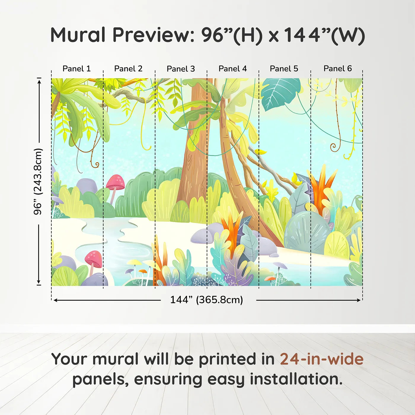 Whimsy Tots Cartoon Jungle Oasis Wall Muraldimension view (96" H x 144" W). Printed in six 24-inch-wide panels. Gender-Neutral