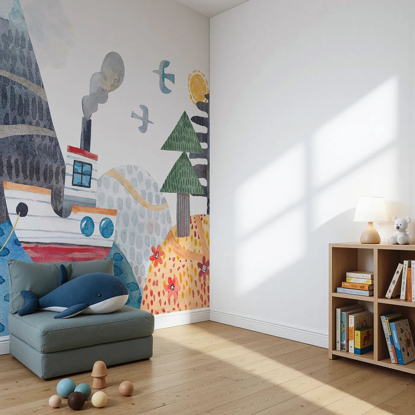 Angled view of Whimsy Tots' Watercolor Mountain Voyage Wall Mural (Turn Their Room into a Charming Seaside Adventure).Gender-Neutral