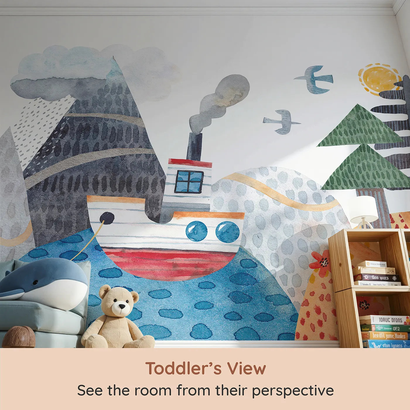 Whimsy Tots Watercolor Mountain Voyage Wall Mural (Turn Their Room into a Charming Seaside Adventure) from your child's view.Gender-Neutral