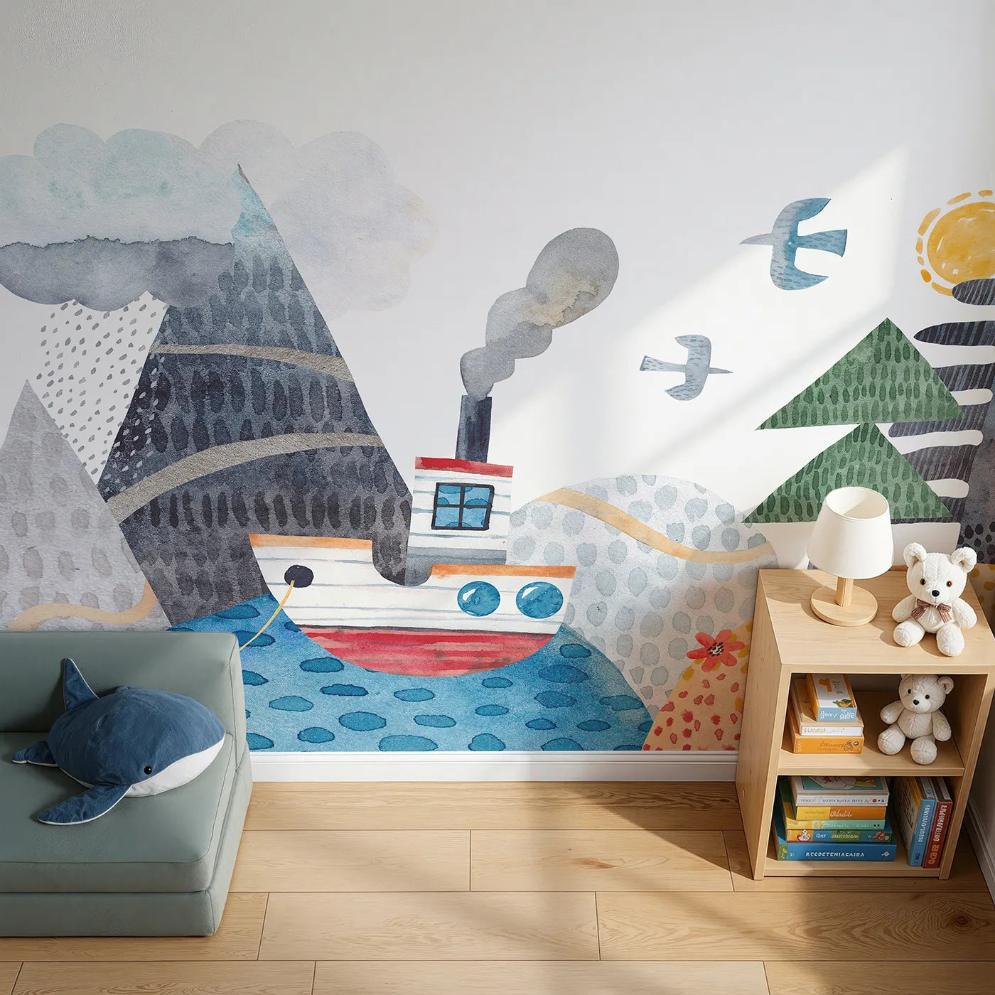 Top-down view of Whimsy Tots' Watercolor Mountain Voyage Wall Mural (Turn Their Room into a Charming Seaside Adventure).Gender-Neutral