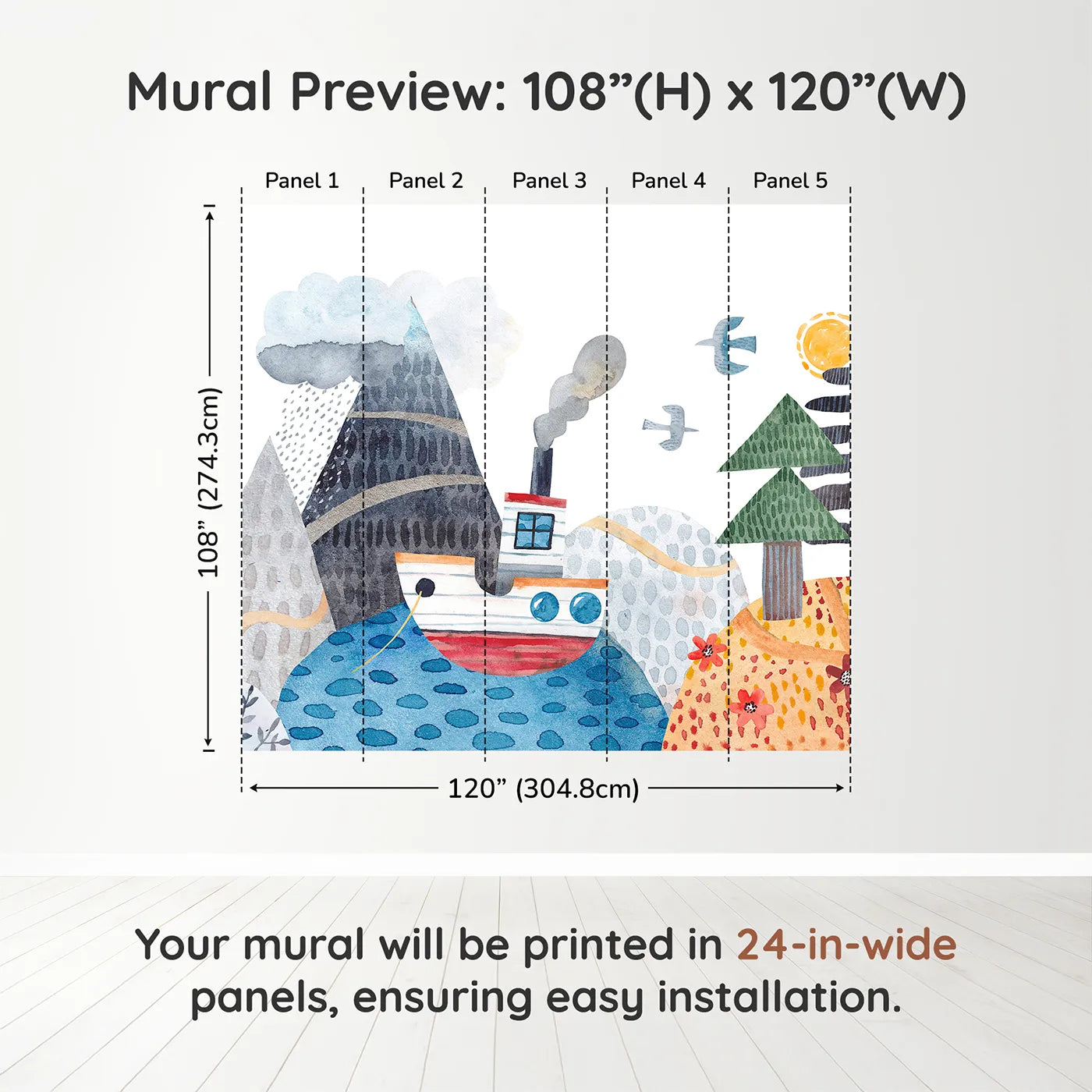 Whimsy Tots Watercolor Mountain Voyage Wall Muraldimension view (108" H x 120" W). Printed in five 24-inch-wide panels. Gender-Neutral