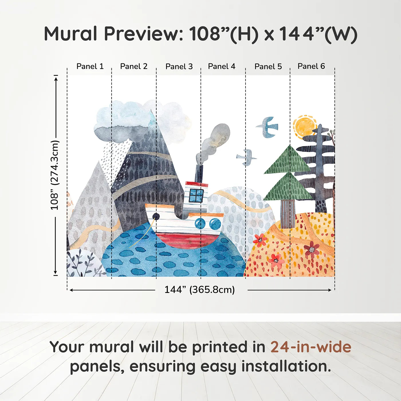 Whimsy Tots Watercolor Mountain Voyage Wall Muraldimension view (108" H x 144" W). Printed in six 24-inch-wide panels. Gender-Neutral