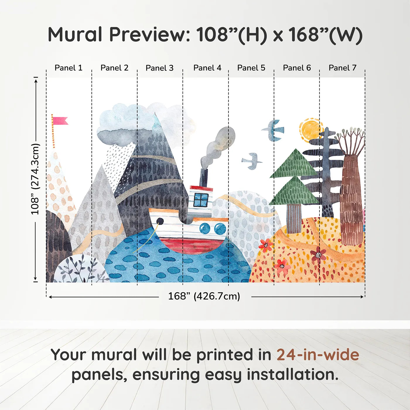 Whimsy Tots Watercolor Mountain Voyage Wall Muraldimension view (108" H x 168" W). Printed in seven 24-inch-wide panels. Gender-Neutral