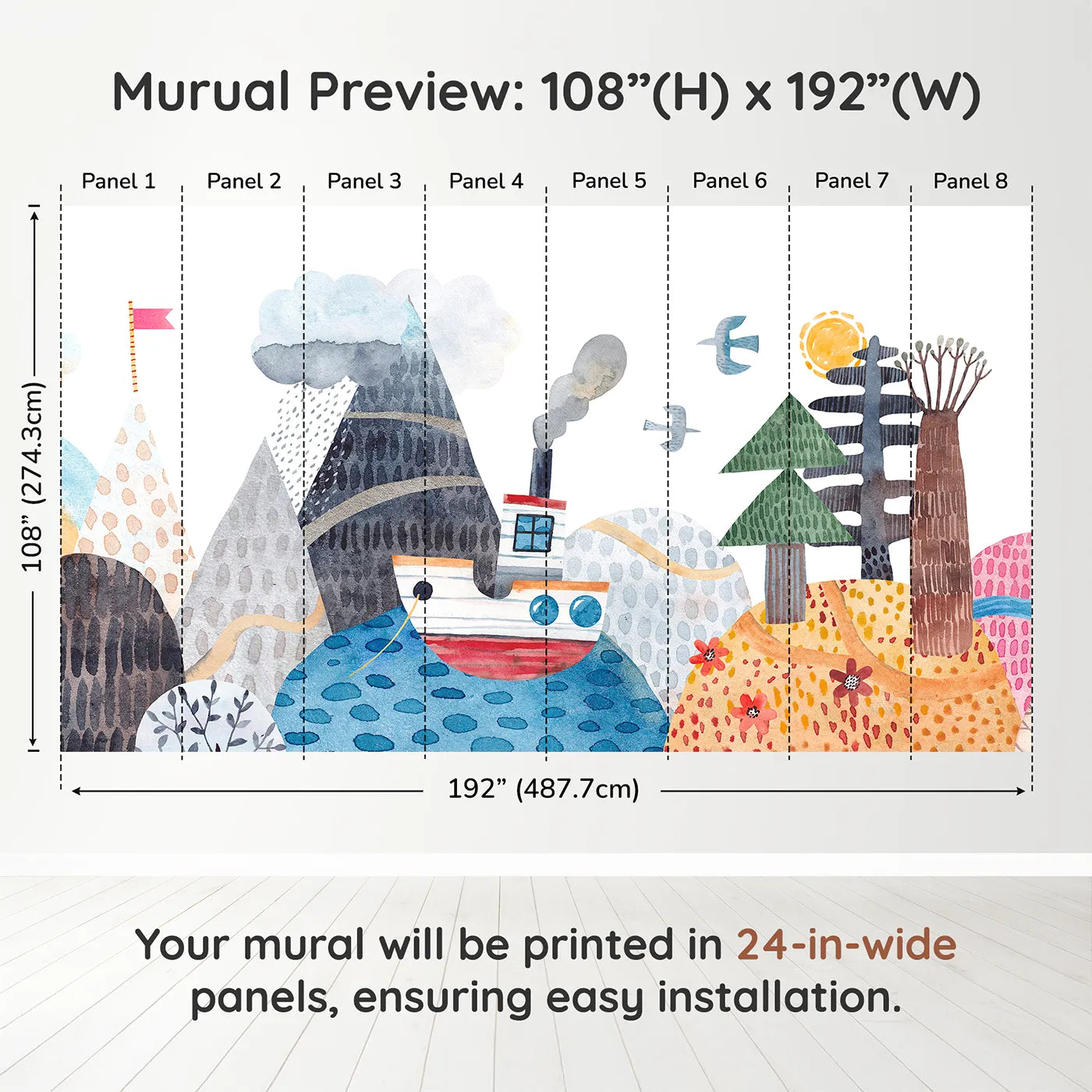 Whimsy Tots Watercolor Mountain Voyage Wall Muraldimension view (108" H x 192" W). Printed in eight 24-inch-wide panels. Gender-Neutral