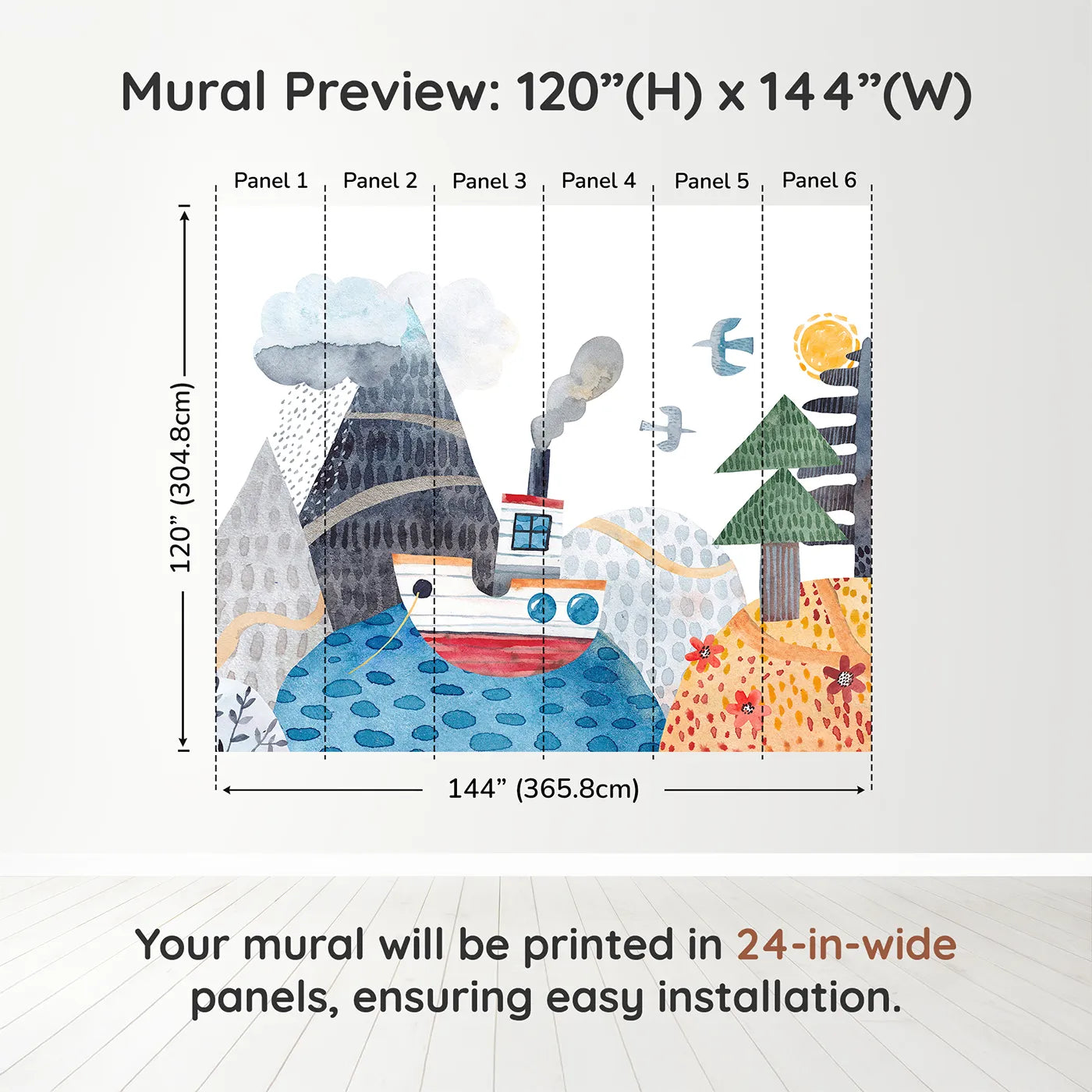 Whimsy Tots Watercolor Mountain Voyage Wall Muraldimension view (120" H x 144" W). Printed in six 24-inch-wide panels. Gender-Neutral