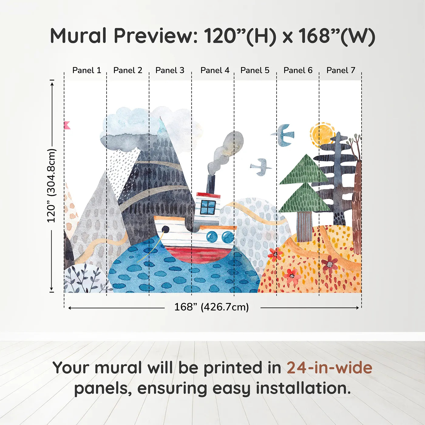 Whimsy Tots Watercolor Mountain Voyage Wall Muraldimension view (120" H x 168" W). Printed in seven 24-inch-wide panels. Gender-Neutral