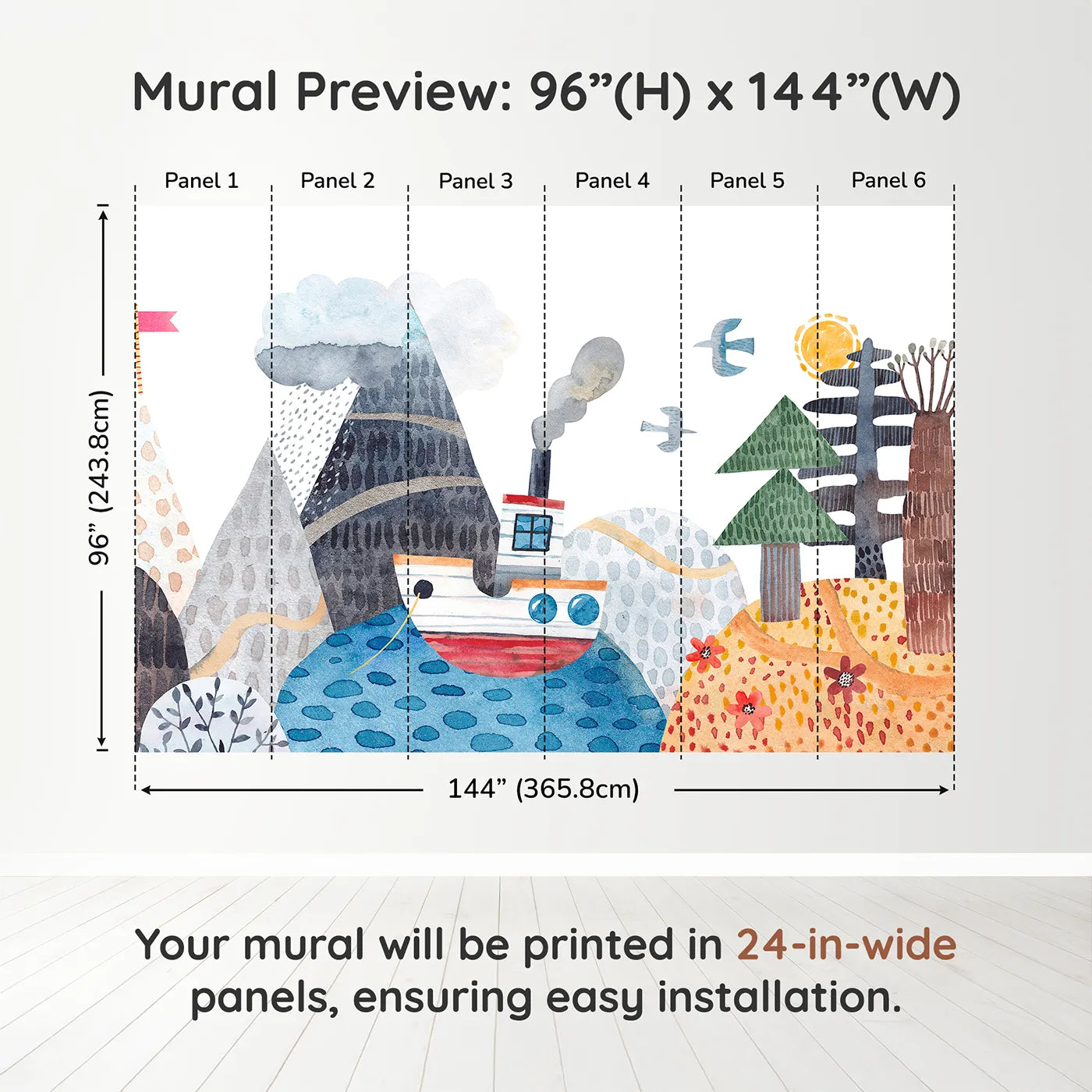 Whimsy Tots Watercolor Mountain Voyage Wall Muraldimension view (96" H x 144" W). Printed in six 24-inch-wide panels. Gender-Neutral