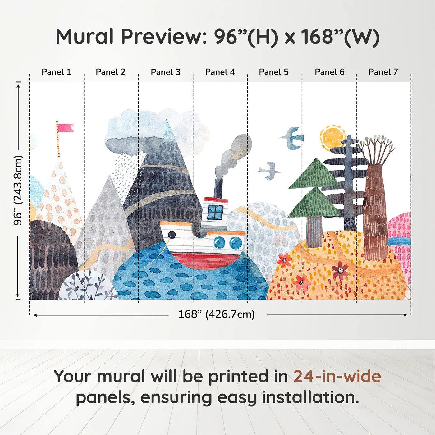 Whimsy Tots Watercolor Mountain Voyage Wall Muraldimension view (96" H x 168" W). Printed in seven 24-inch-wide panels. Gender-Neutral