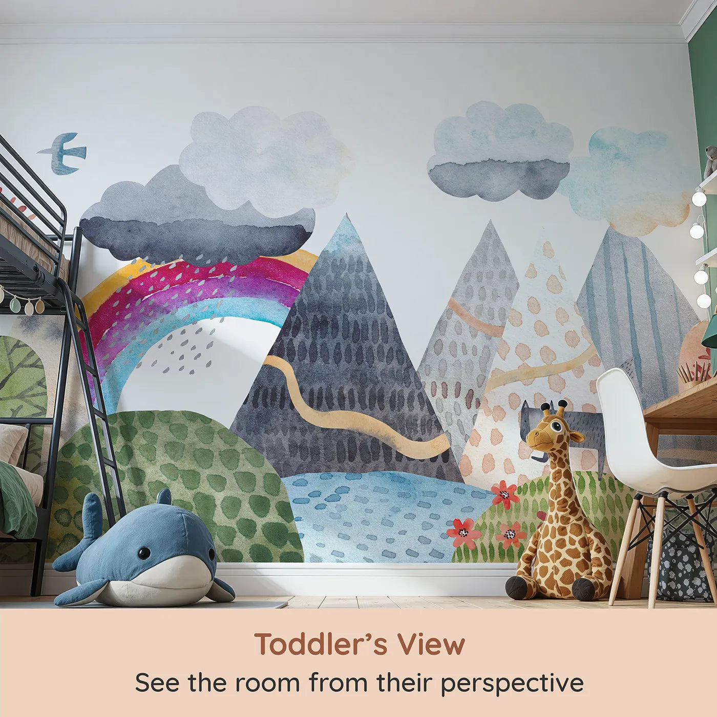 Whimsy Tots Rainbow Mountain Wanderer Wall Mural (Turn Their Room into a Magical, Painted Landscape) from your child's view.Gender-Neutral