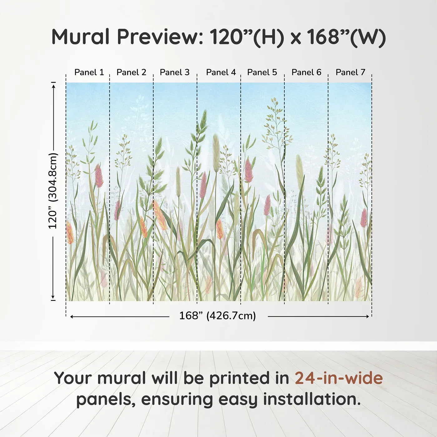 Whimsy Tots Pastel Wild Grass Wall Muraldimension view (120" H x 168" W). Printed in seven 24-inch-wide panels. Gender-Neutral
