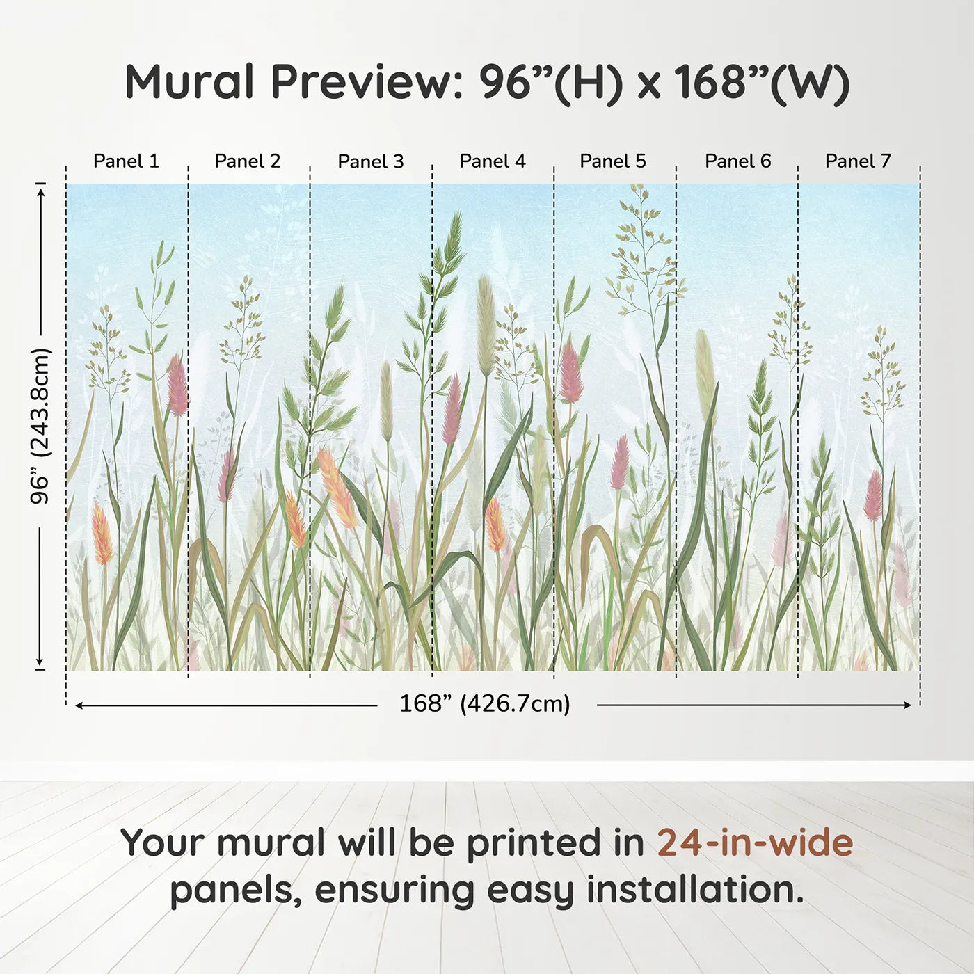 Whimsy Tots Pastel Wild Grass Wall Muraldimension view (96" H x 168" W). Printed in seven 24-inch-wide panels. Gender-Neutral