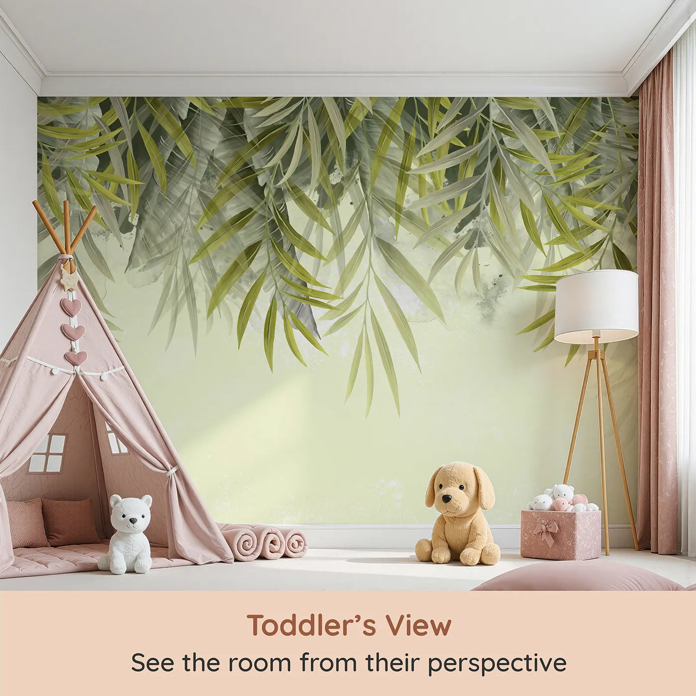 Whimsy Tots Hanging Palm Leaves Wall Mural (Turn Their Room into a Calm and Leafy Canopy) from your child's view.Gender-Neutral