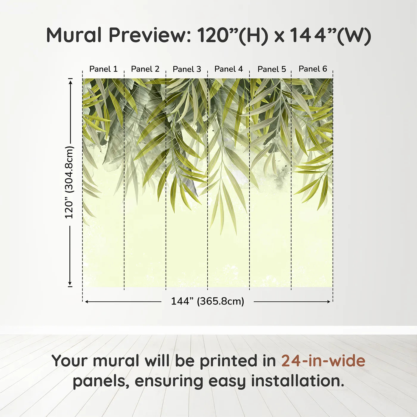 Whimsy Tots Hanging Palm Leaves Wall Muraldimension view (120" H x 144" W). Printed in six 24-inch-wide panels. Gender-Neutral