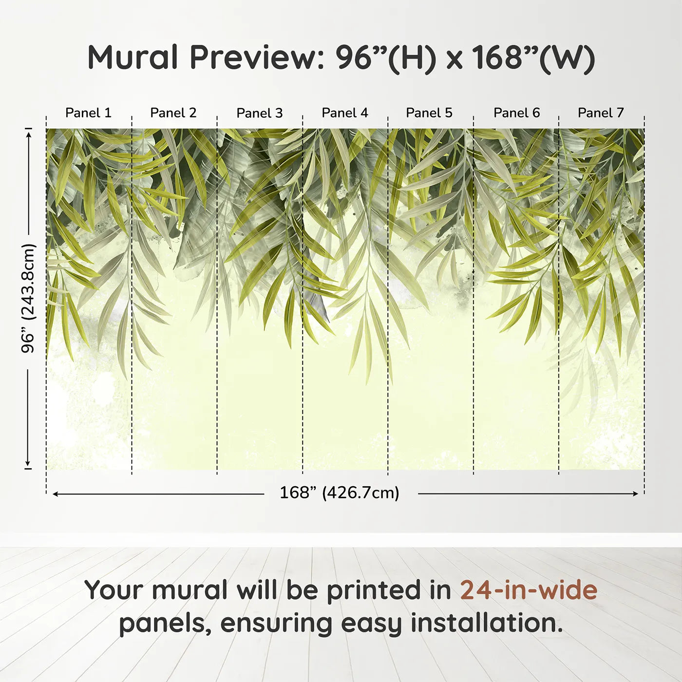 Whimsy Tots Hanging Palm Leaves Wall Muraldimension view (96" H x 168" W). Printed in seven 24-inch-wide panels. Gender-Neutral