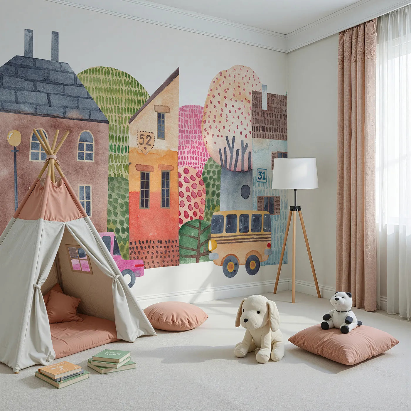Angled view of Whimsy Tots' Watercolor Town Street Wall Mural (Turn Their Room into a Sweet and Quirky Neighborhood).Gender-Neutral