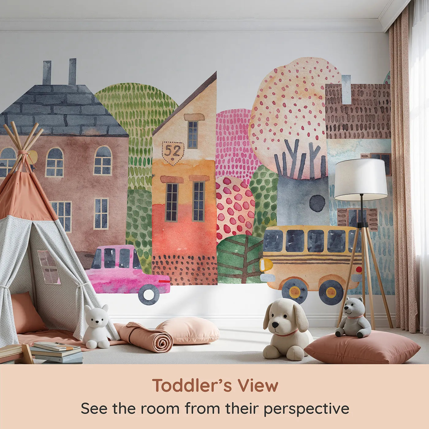 Whimsy Tots Watercolor Town Street Wall Mural (Turn Their Room into a Sweet and Quirky Neighborhood) from your child's view.Gender-Neutral