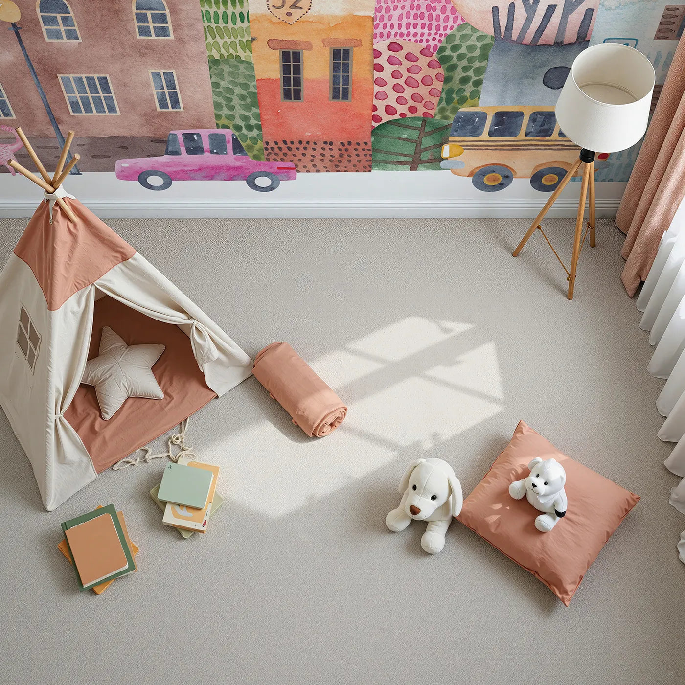 Top-down view of Whimsy Tots' Watercolor Town Street Wall Mural (Turn Their Room into a Sweet and Quirky Neighborhood).Gender-Neutral