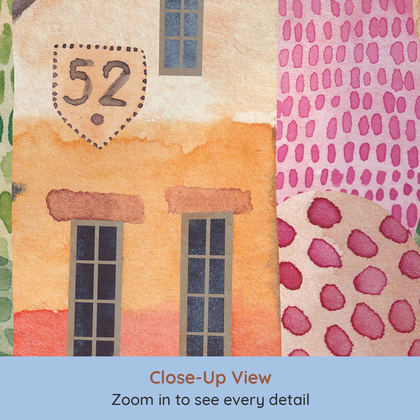 Close-up view of Whimsy Tots' Watercolor Town Street Wall Mural (Turn Their Room into a Sweet and Quirky Neighborhood).Gender-Neutral